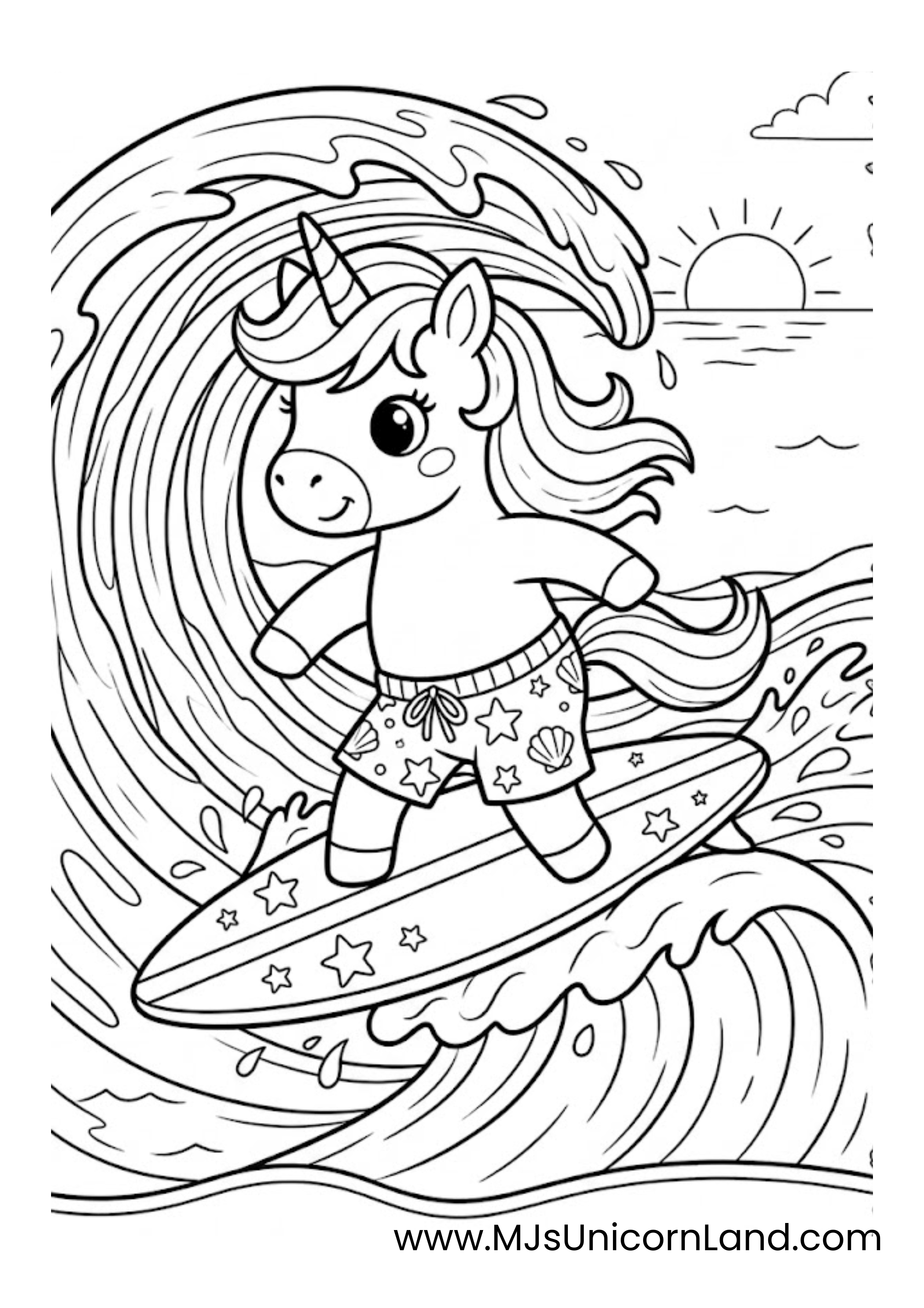 A coloring page of a unicorn wearing star-patterned swim trunks while surfing on a massive, curling wave. The sun is setting in the background, casting a glow over the water.