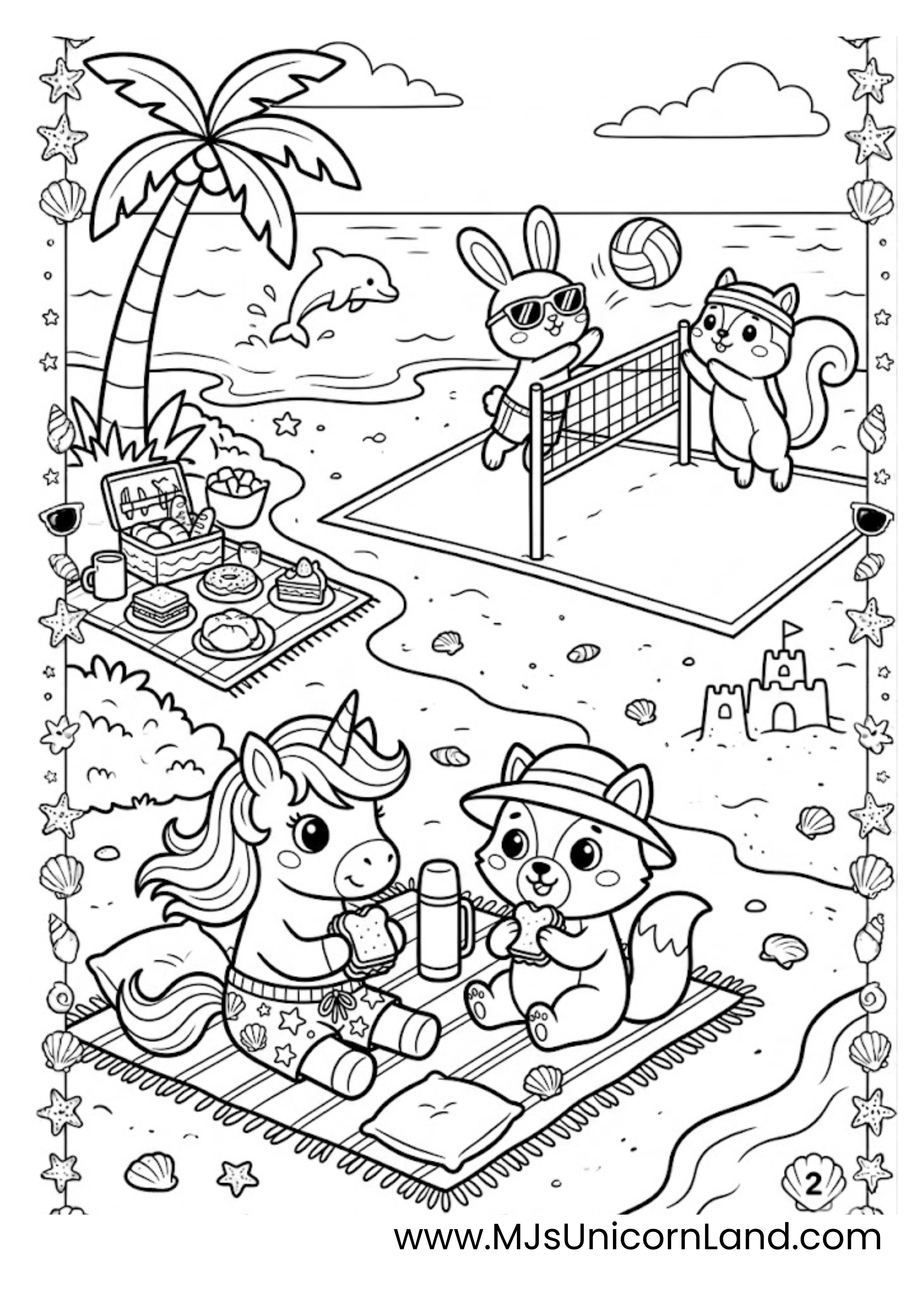 A coloring page featuring a unicorn and a cat having a picnic on a blanket. In the background, a bunny and a squirrel play volleyball over a net while a dolphin leaps from the ocean.