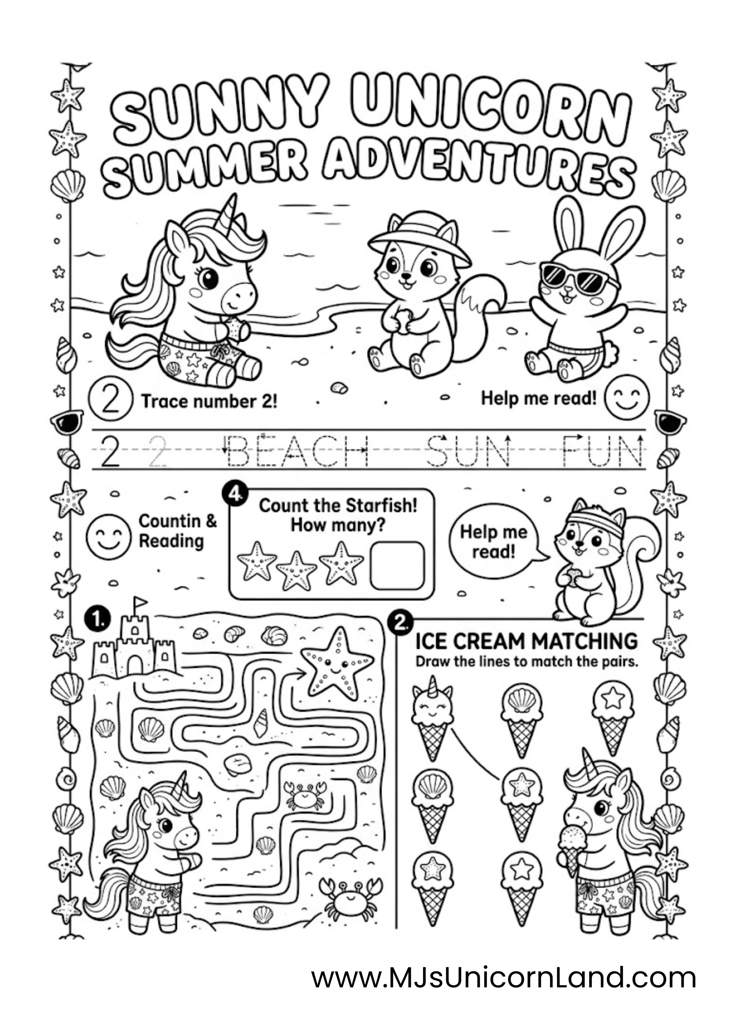 Printable sunny unicorn summer adventures worksheet with beach maze, counting game, tracing words, and ice cream matching activity for children.