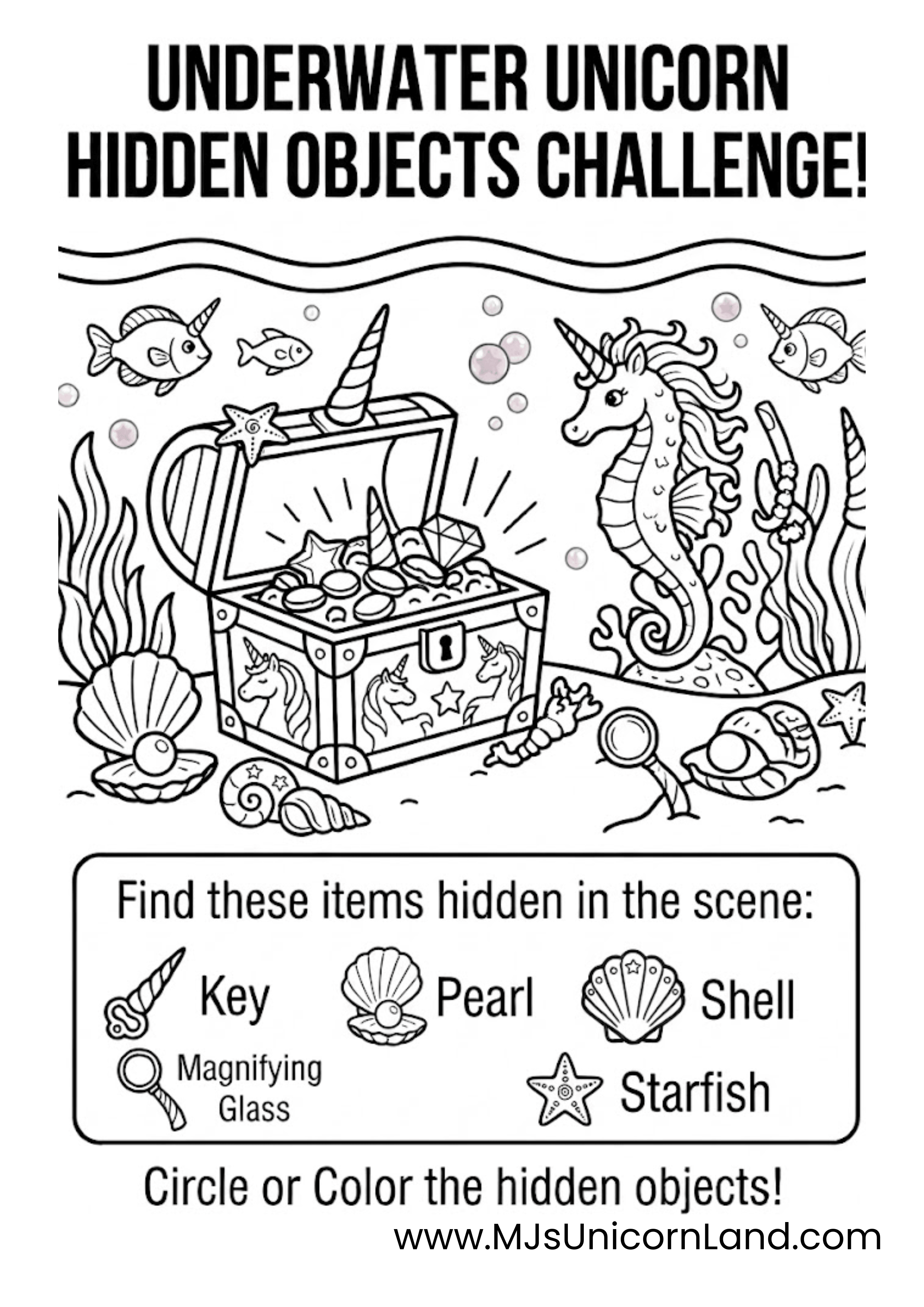 Marine life hidden object worksheet for kids featuring an underwater seahorse unicorn, a treasure chest, clams with pearls, and coral reefs.