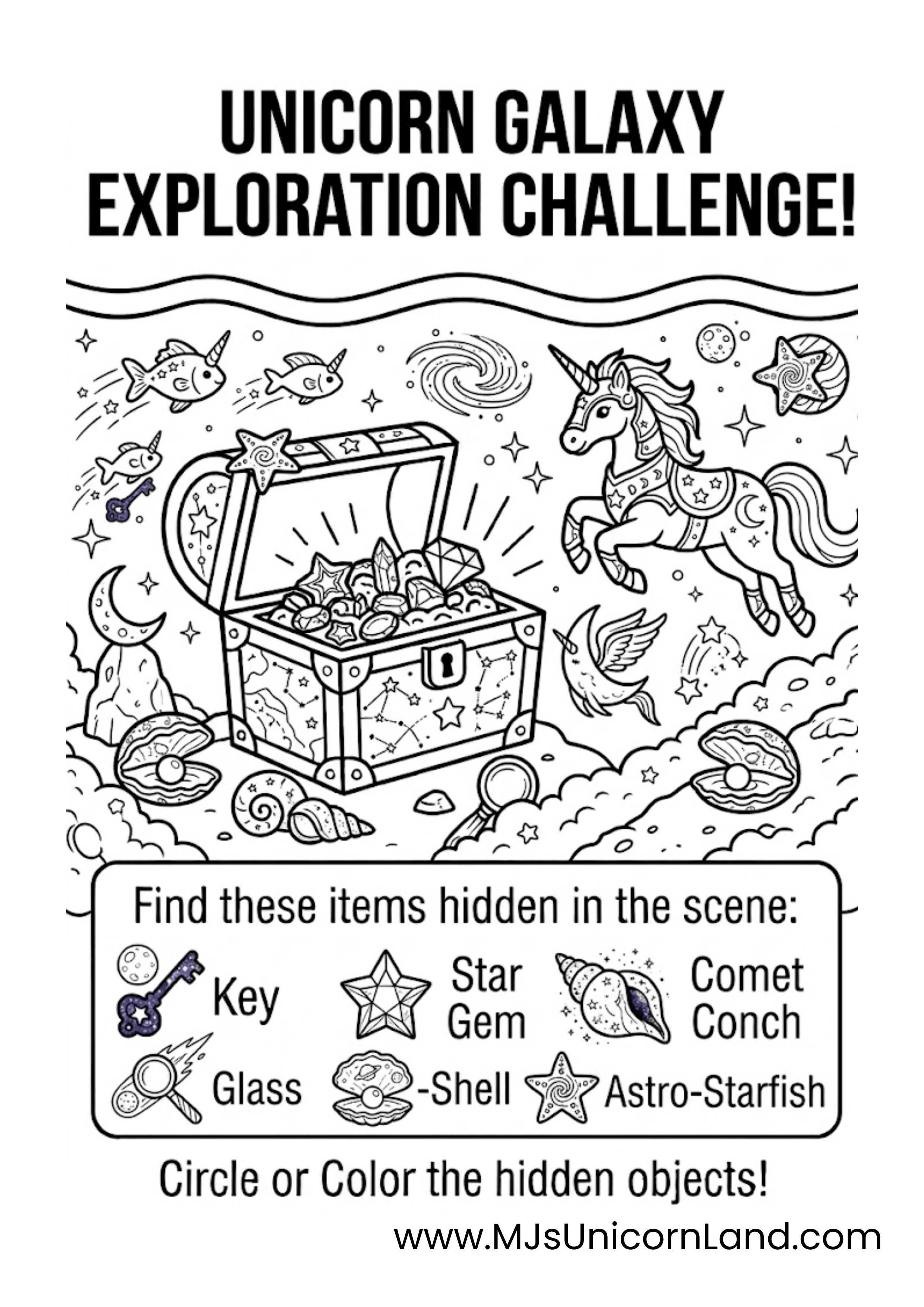 Space-themed hidden object printable showing a unicorn galloping through the night sky among planets, stars, and a celestial treasure chest.