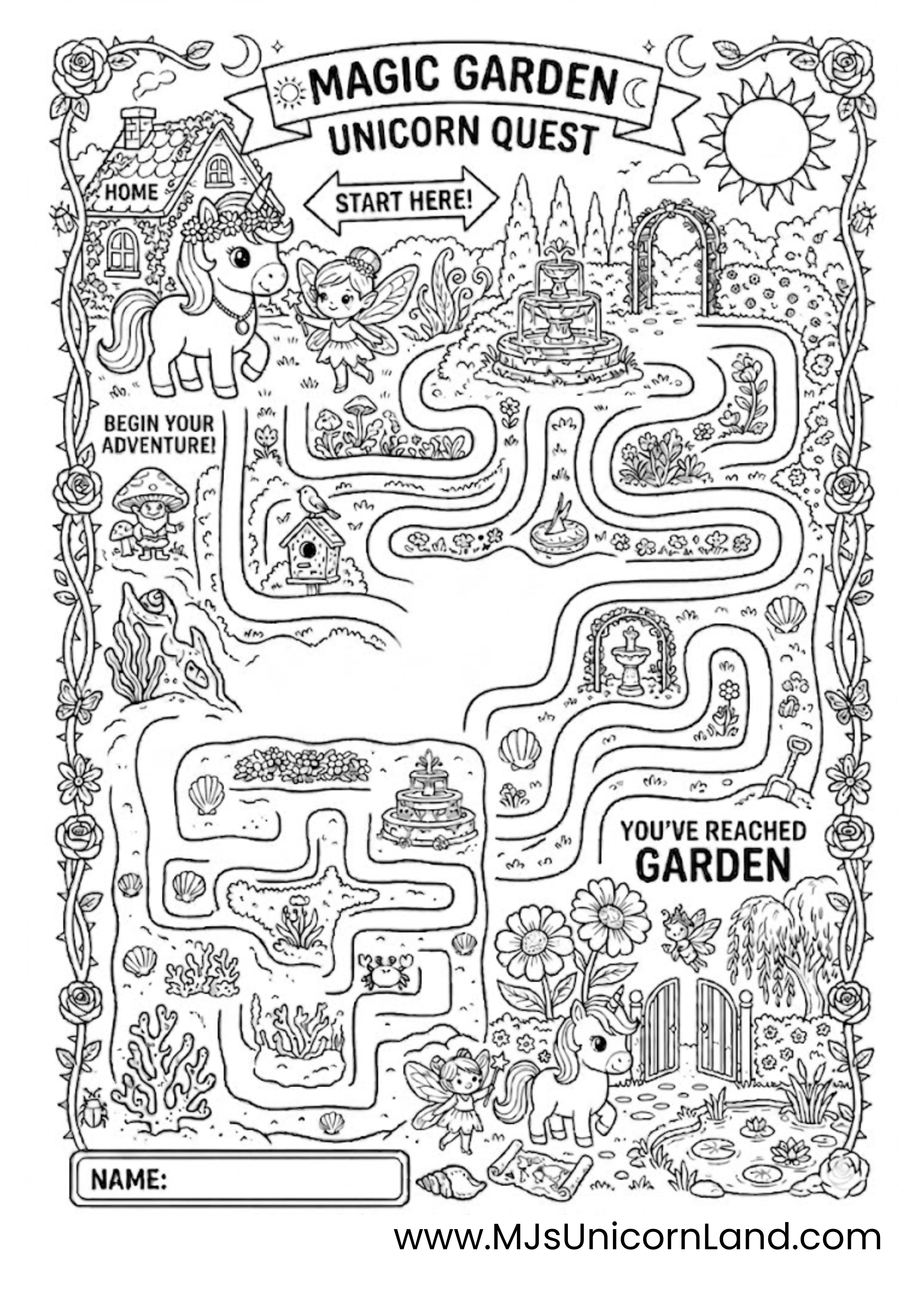 Detailed garden maze worksheet for kids featuring a unicorn with a flower crown, flying woodland fairies, a gnome, and a name box at the bottom.