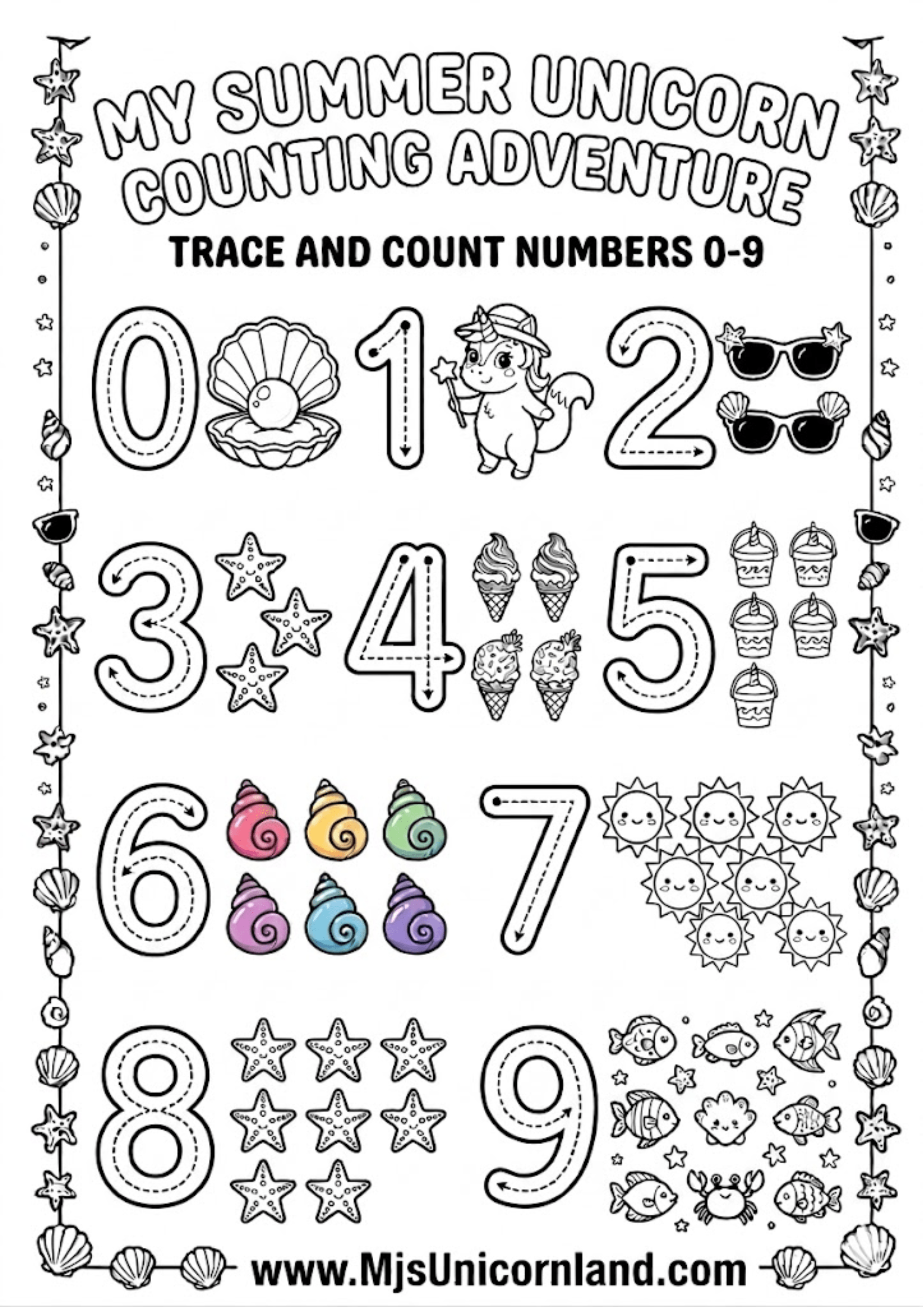 Black and white summer unicorn counting and tracing worksheet for numbers 0 to 9, featuring a tracing guide and beach items like ice cream cones, sunglasses, starfishes, and suns next to each corresponding number.