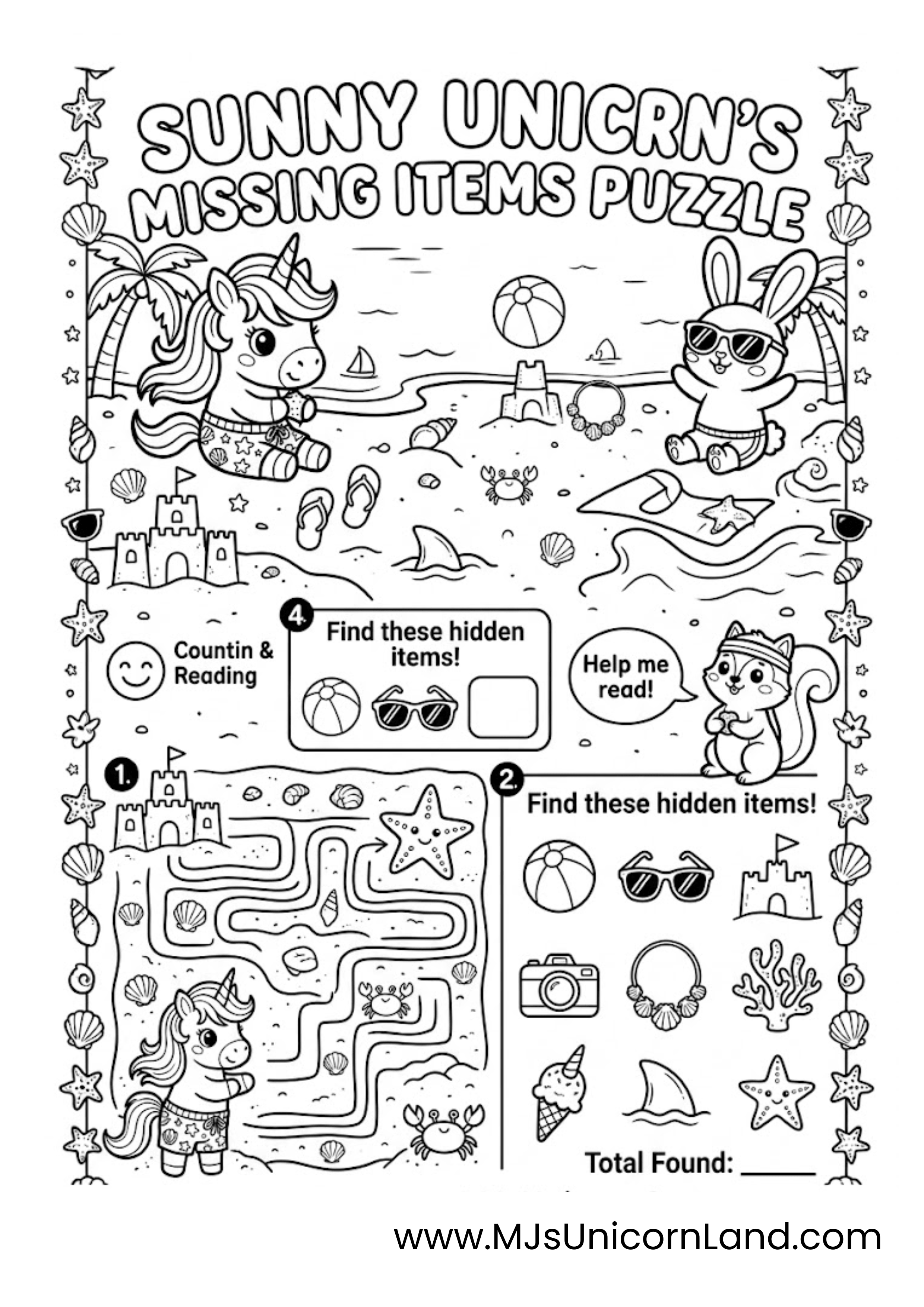 Cute unicorn summer missing items puzzle worksheet featuring hidden beach objects, maze activity, and counting games for kids.