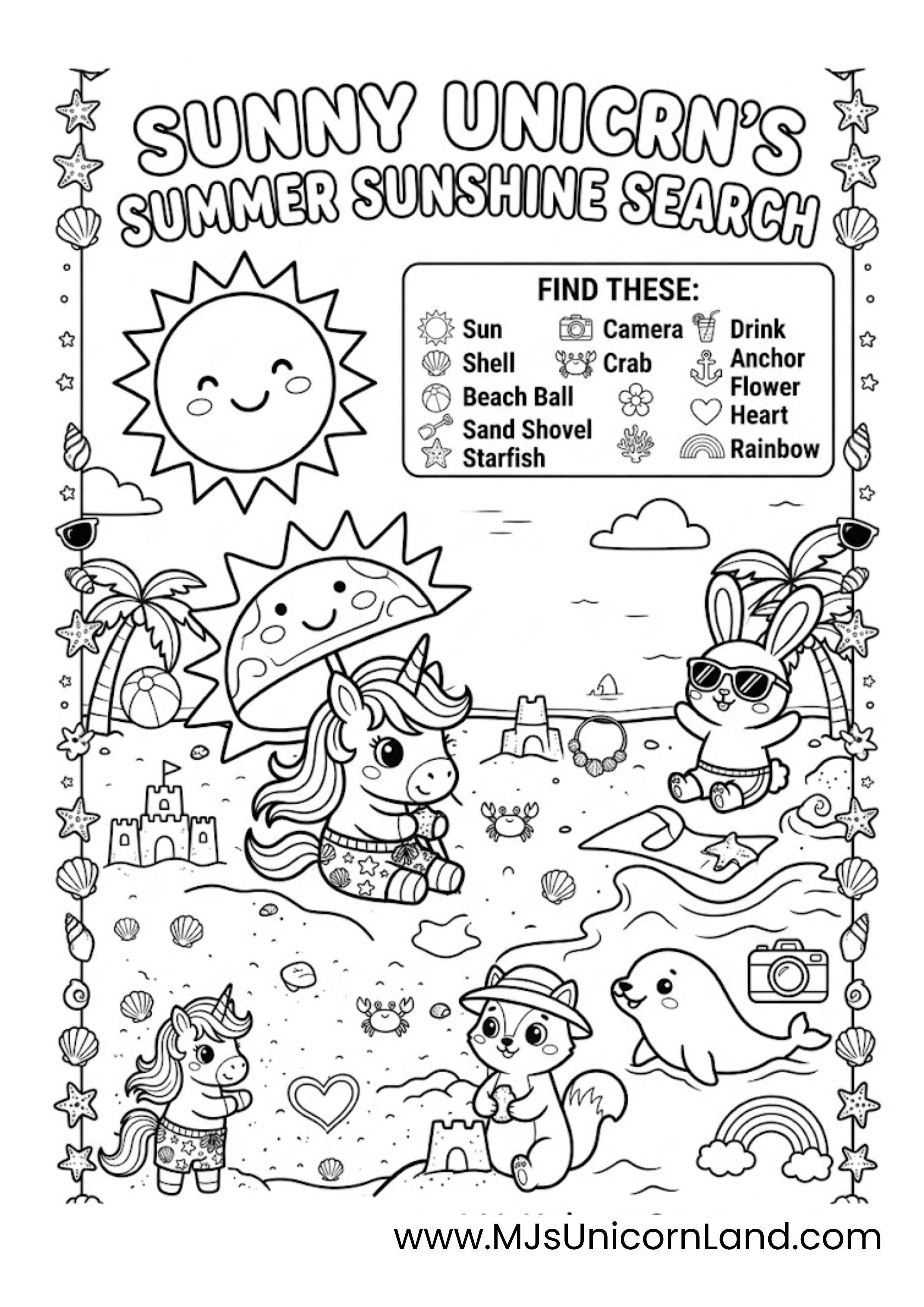 Printable unicorn summer sunshine search worksheet with beach-themed hidden objects including shells, rainbow, camera, crab, and starfish.