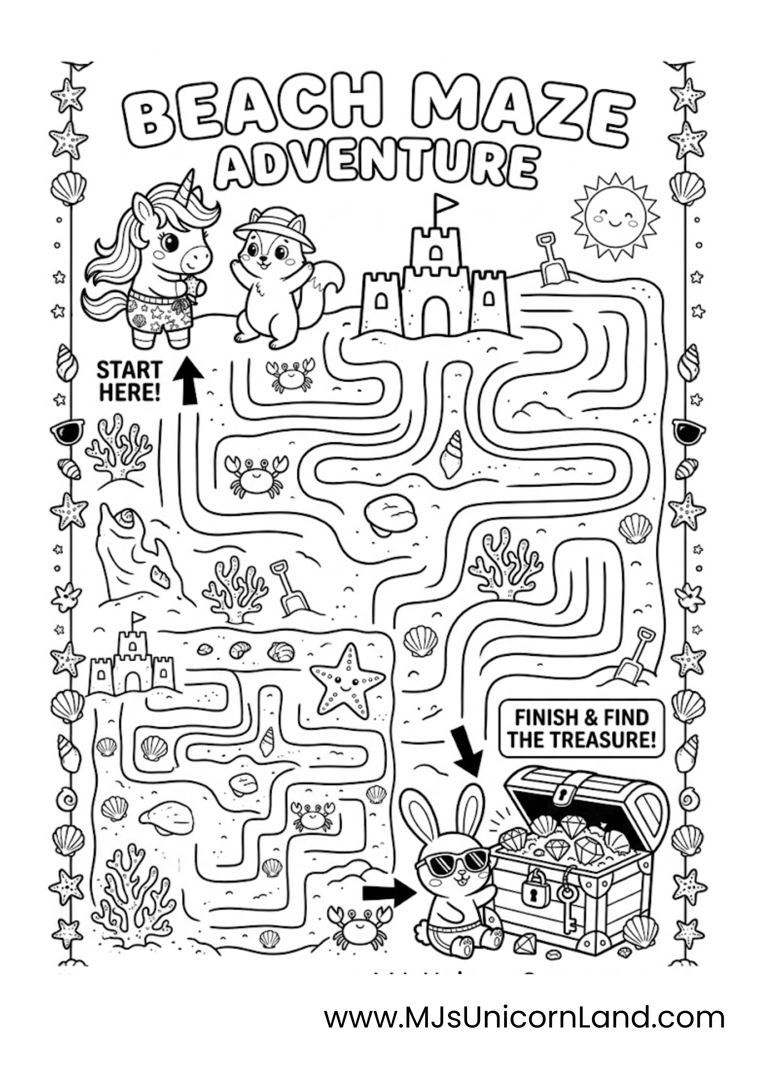 Printable beach maze puzzle for kids featuring a unicorn, a squirrel wearing a sun hat, sandcastles, and a treasure chest filled with gems.