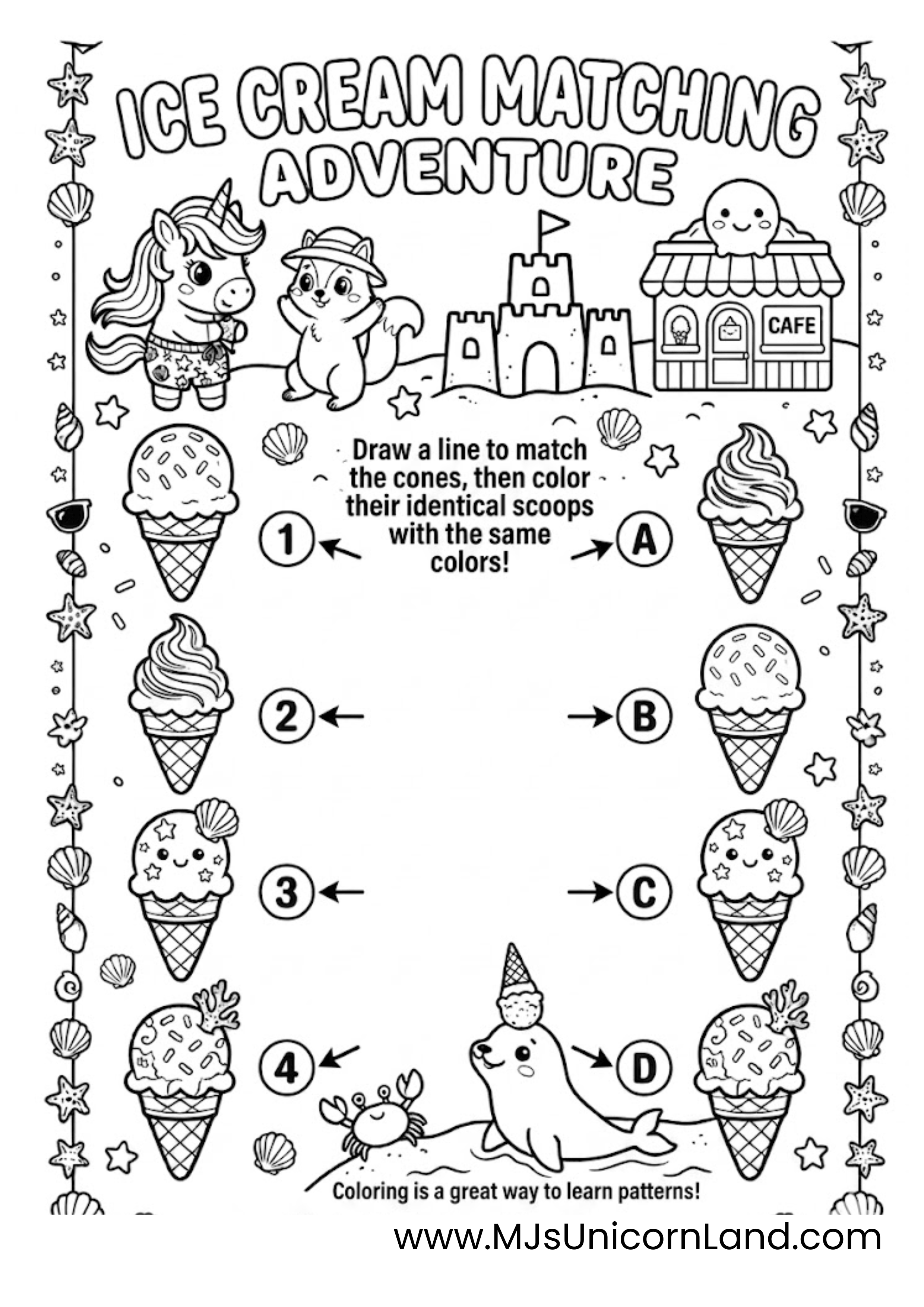 Printable children's matching worksheet featuring different ice cream scoop patterns, numbered cones, and lettered targets next to a friendly seal.