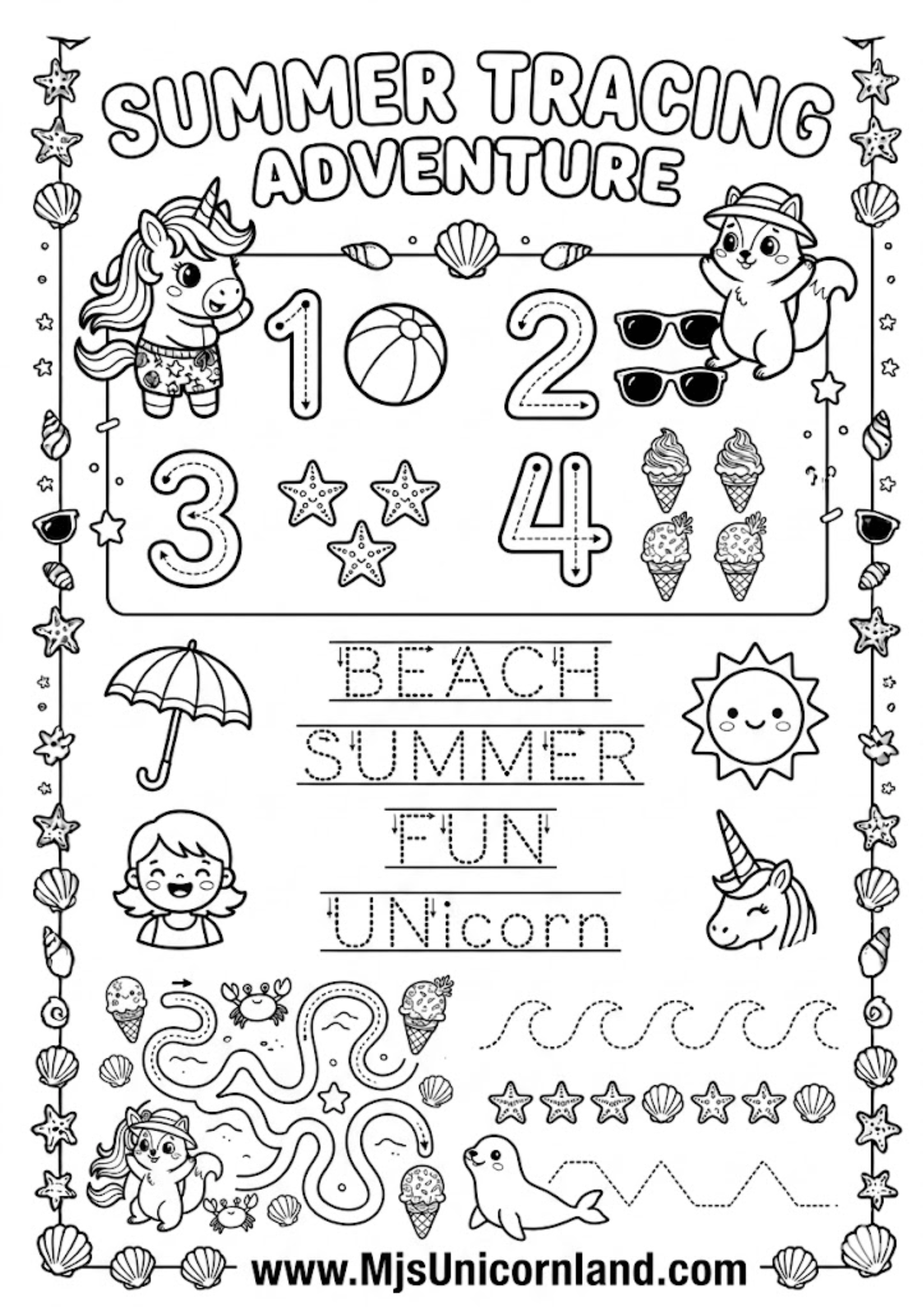 Preschool tracing activity sheet with dotted lines for numbers one through four, beach words like summer and fun, and wavy ocean wave patterns to trace.