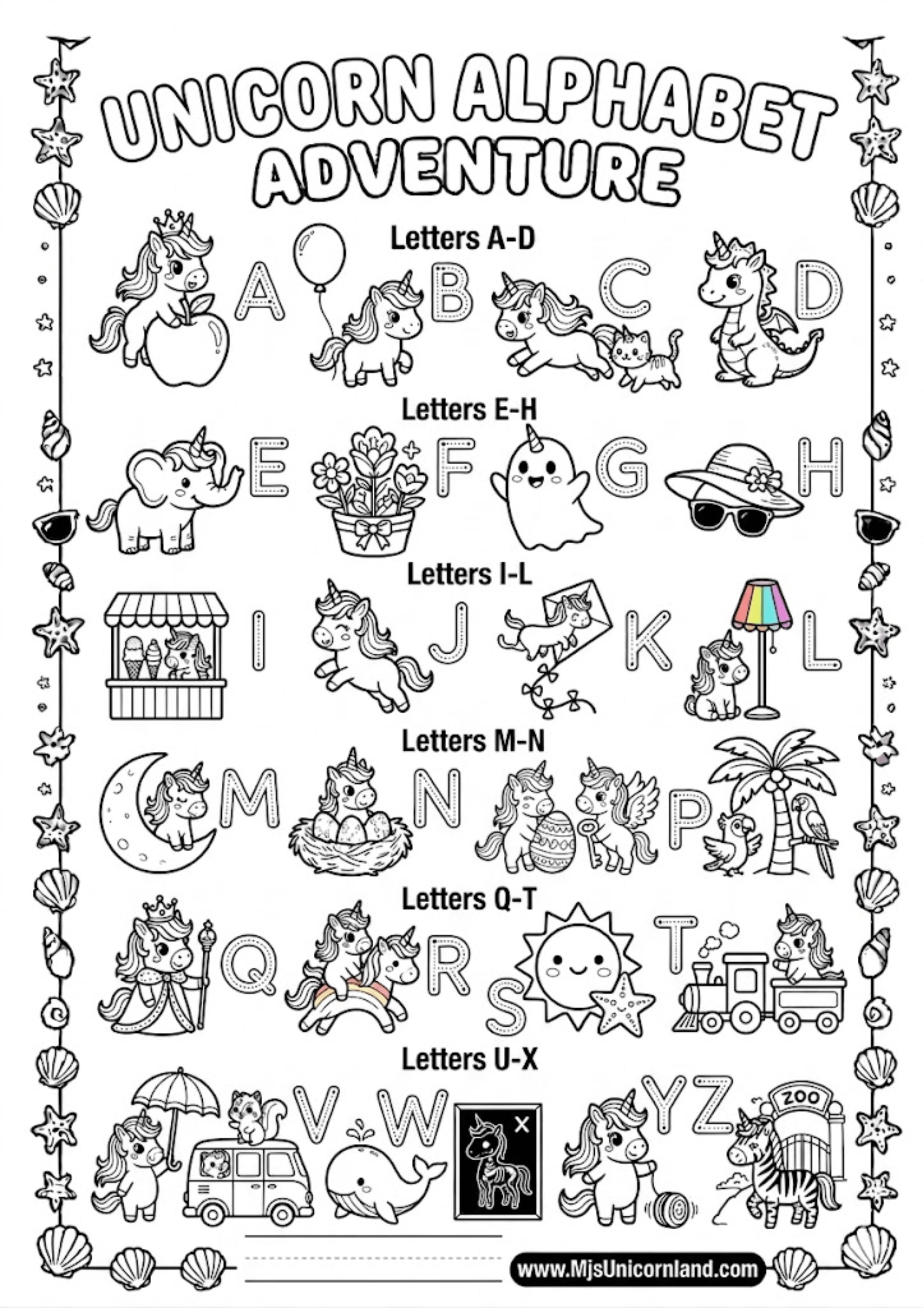 : Educational alphabet coloring sheet for kids showing unicorns interacting with objects for each letter, like an apple for A and a balloon for B.
