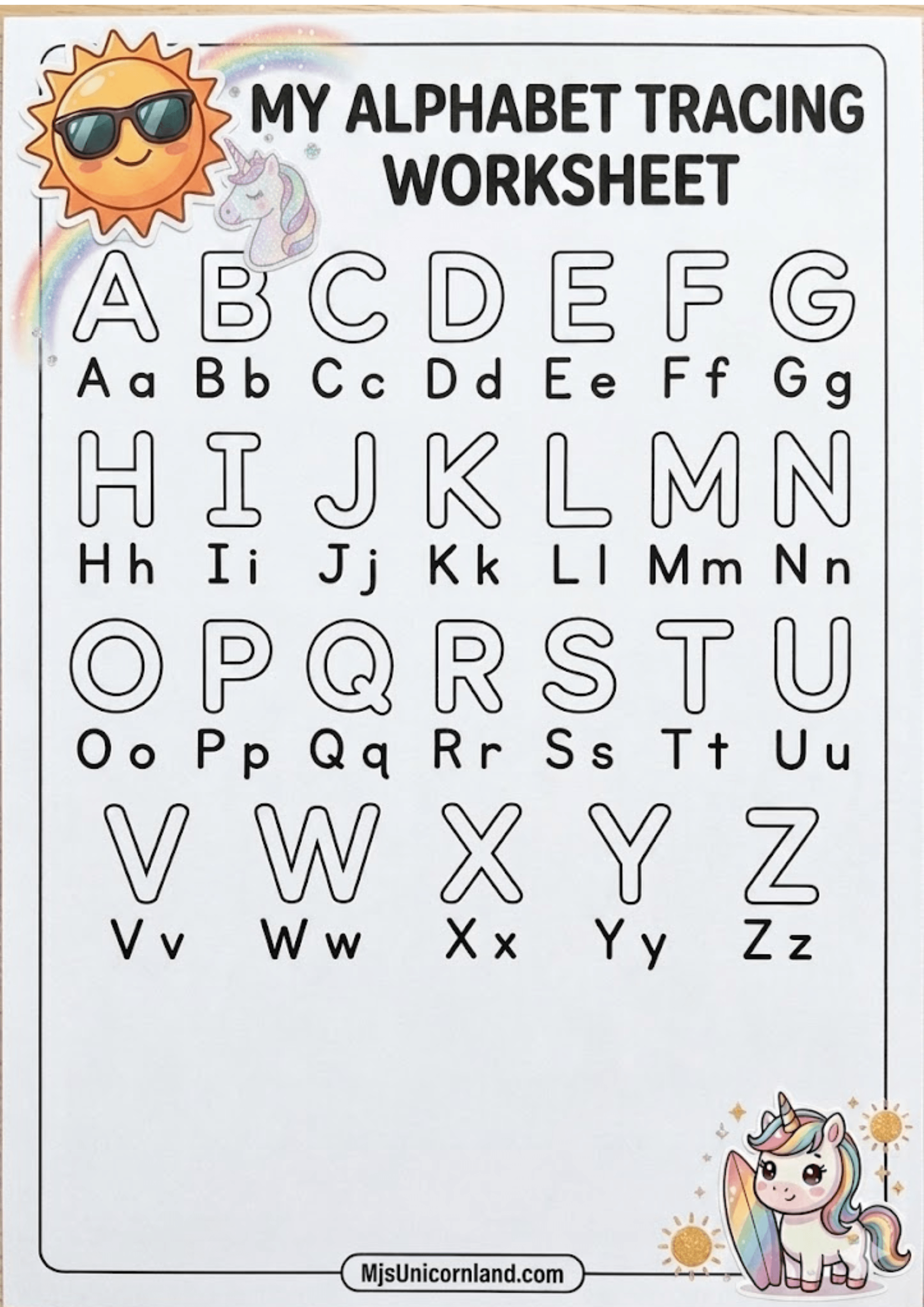 Printable handwriting practice sheet displaying the full alphabet with bubble letters and dashed lines for kids to trace capital and lowercase letters.