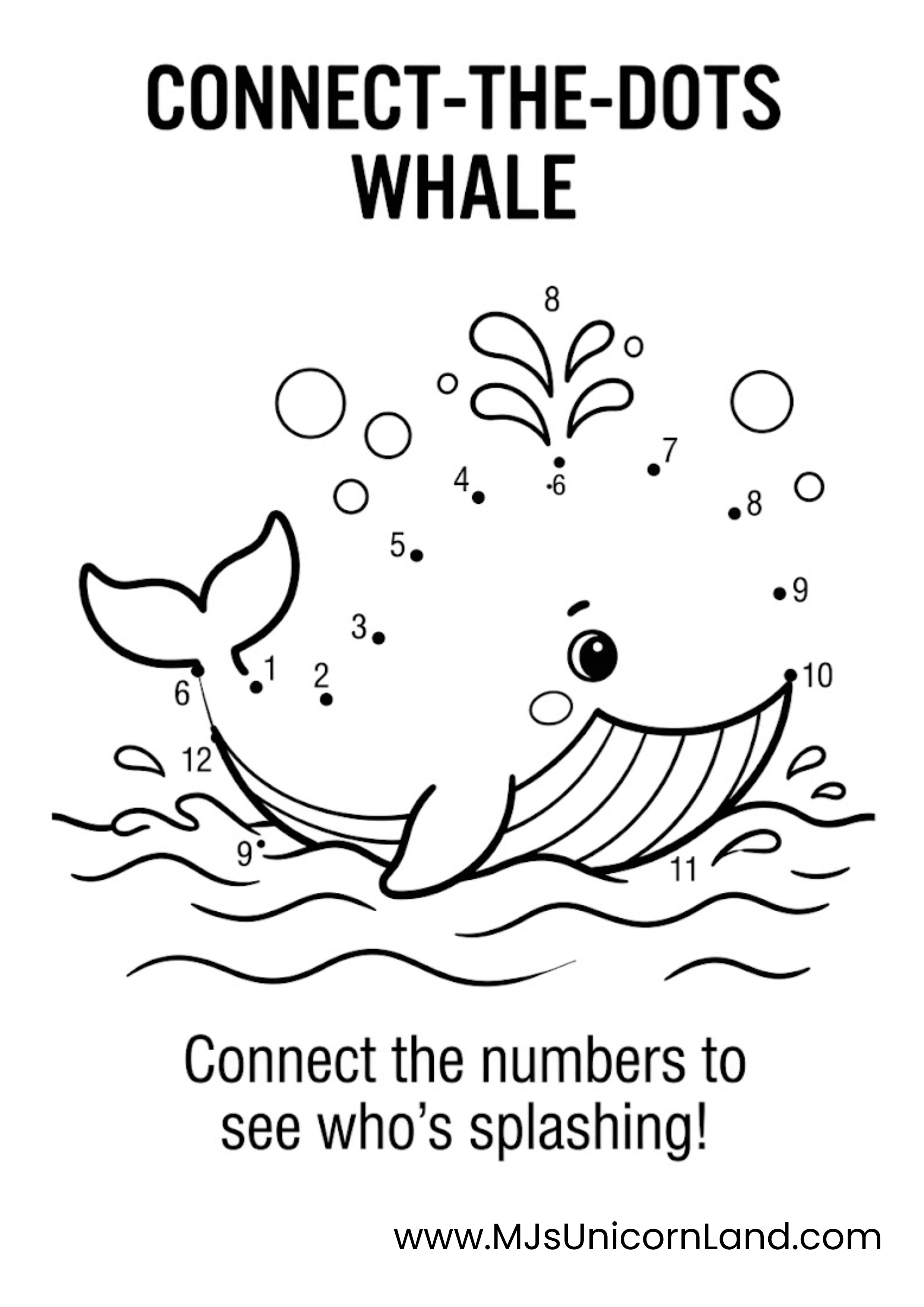 Dot-to-dot puzzle for young children showing a smiling whale tail and water spout lines numbered one through twelve to connect.
